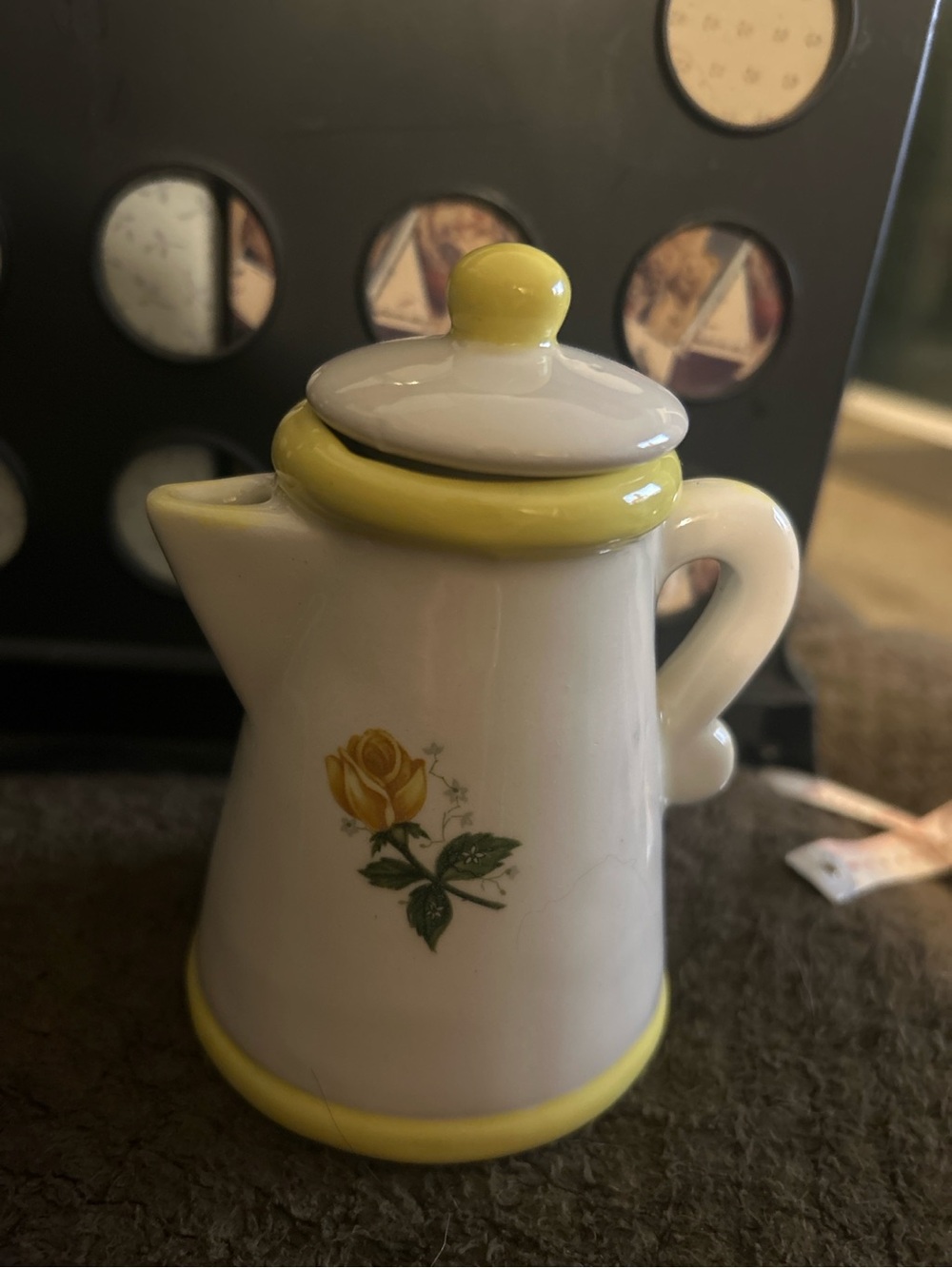 Vintage handmade miniature coffee pot creamer decorative container w/lid rose